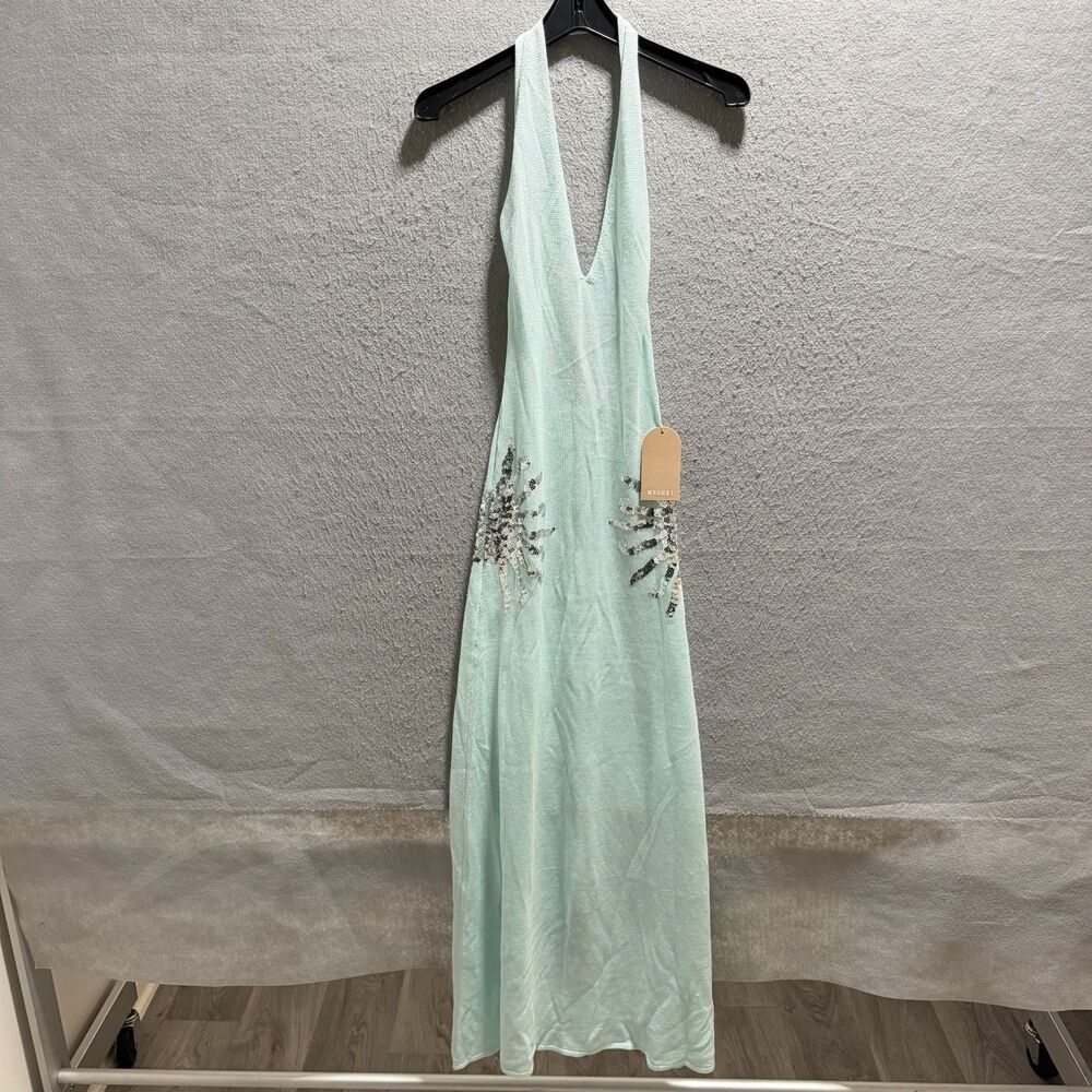 MESHKI Ellington Knit Maxi Dress Sequin Light Aqua Green Women’s Medium